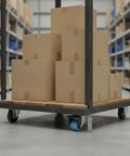 Rock Solid Rigid Fixed Direction Plate Caster Wheel With Hella Tough Polyurethane Tread on a heavy duty cart with boxes.