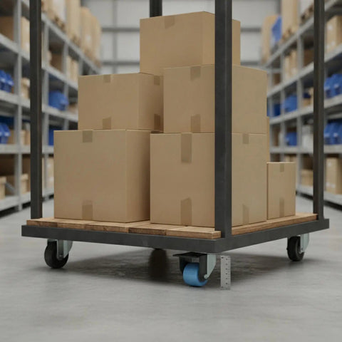 Rock Solid Rigid Fixed Direction Plate Caster Wheel With Hella Tough Polyurethane Tread on a heavy duty cart with boxes.