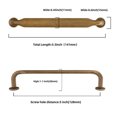 10 Pack 5 Inch Cabinet Pulls Antique Brass Zinc Alloy Drawer Pulls Solid Cabinet Hardware dimensions diagram showing length and width measurements