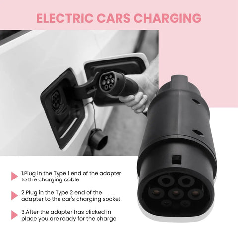 Rock Solid Type One To Type Two EV Charger Adapter Meets Sae J1772 Standards And Ip54 Weatherproof Rating For Any American Electric Ride being plugged into a charging socket.