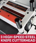 Close-up of 3 high-speed steel knife cutterhead on Heavy Duty 15 Inch Thickness Planer 3HP 230V Powerhouse for woodworking.