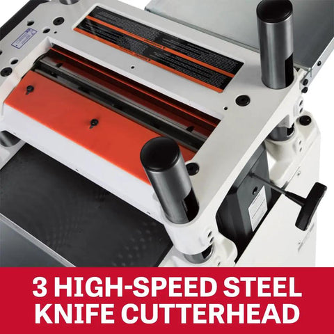 Close-up of 3 high-speed steel knife cutterhead on Heavy Duty 15 Inch Thickness Planer 3HP 230V Powerhouse for woodworking.