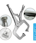 4 Pack Heavy Duty C Clamp Locking Clamps With 6 Inch And 11 Inch Tips, Swivel Pads, Quick Trigger Release, Chrome Vanadium Alloy Build, Built To Last For Your Home Workshop And Craft Projects That Grip Odd Shapes Tight. C-clamp pliers with swivel pad and spring detail