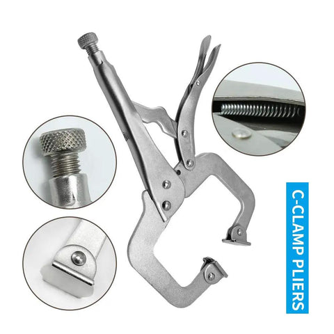 4 Pack Heavy Duty C Clamp Locking Clamps With 6 Inch And 11 Inch Tips, Swivel Pads, Quick Trigger Release, Chrome Vanadium Alloy Build, Built To Last For Your Home Workshop And Craft Projects That Grip Odd Shapes Tight. C-clamp pliers with swivel pad and spring detail