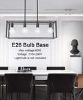 4 Light Industrial Open Frame Rectangle Pendant Lighting For Kitchen Island And Dining Room In Dope Black Finish