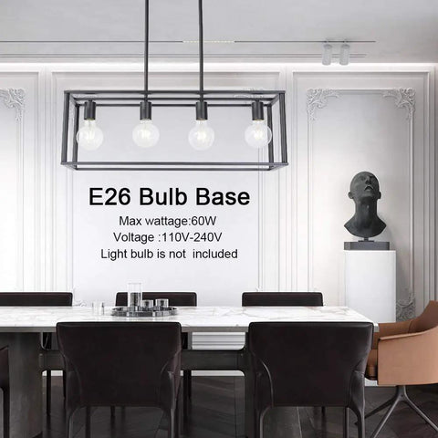 4 Light Industrial Open Frame Rectangle Pendant Lighting For Kitchen Island And Dining Room In Dope Black Finish