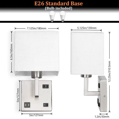Set of 2 Wall Sconces With USB Port And AC Outlet, Nickel Finish Bedside Lamps, 3 Color Temperatures, detailed dimensions