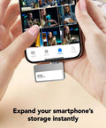 Hands holding a smartphone connected to 1TB Pro Go Portable SSD For 4K ProRes Creators With 1050 MB Per Second Speed, USB 3.2 Gen 2