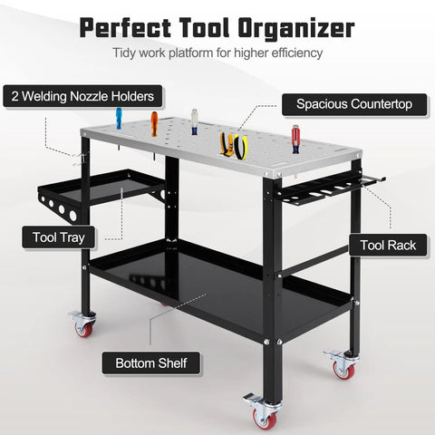 Welding Table 36 By 18 Inch With Wheels, 1200 Lbs Capacity, 8 Tool Slots, Five Eighth Inch Fixture Holes, Electroplated Metal Top