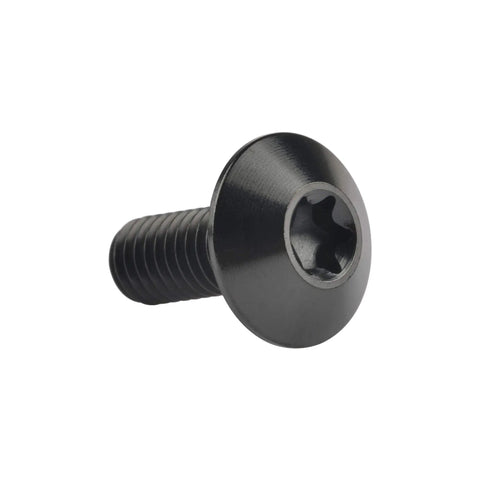 Top Shelf Premium Grade 5 Titanium M5x15mm Button Umbrella Torx Head Bolts Black showing detailed view of screw head and shaft.