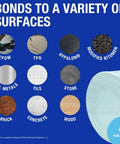 Image showing various surfaces like EPDM, TPO, metal, tile, wood, and more that bond with Gray 6 Inch by 50 Foot Roof Seal Repair Tape.
