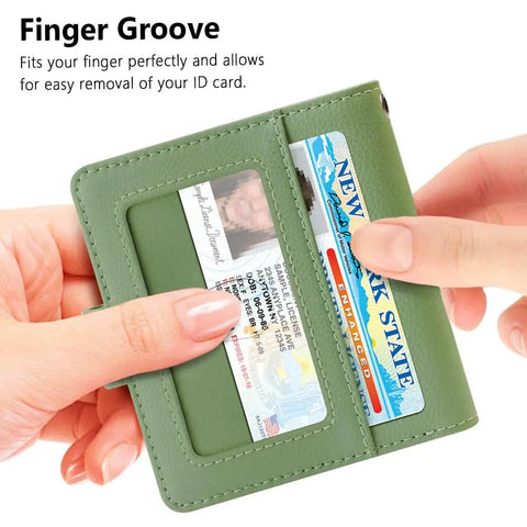 Hands sliding ID into Slim Womens Bifold Wallet With 9 Card Slots, RFID Blocking, ID Window, And Compact Card Holder For Everyday Carry