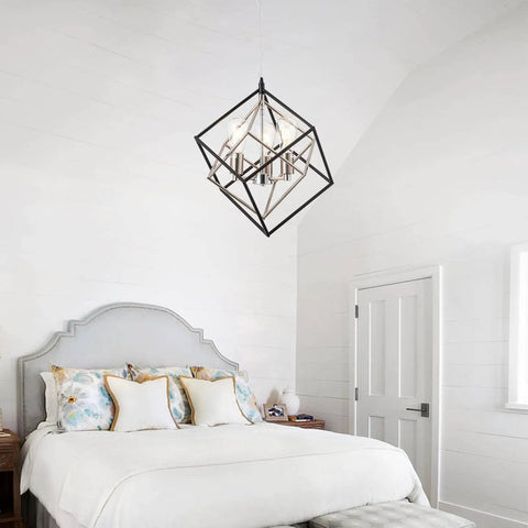 Geometric Black Chandelier With Chrome Finish Vintage Mid Century Modern 3 Light Farmhouse Ceiling Light Fixture in bedroom