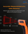 Non-Contact Infrared Temperature Gun With Laser Targeting, Adjustable Emissivity, Backlit Display showing measurement precision