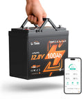 Ultra Compact 12V 100Ah LiFePO4 Battery With Bluetooth, 100A BMS And Low Temp Protection, display shows app connectivity feature.