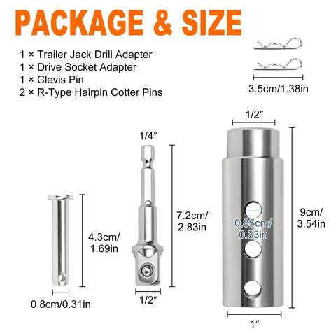 Heavy Duty Trailer Jack Drill Adapter Compatible With One Inch Drive Shaft Electric Crank Converter For Rv And Camper showing package contents and sizes.