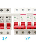 Super Rugged Manual Dual Power Transfer Switch Circuit Breaker 1P 2P with red switches and white casing for garage use.
