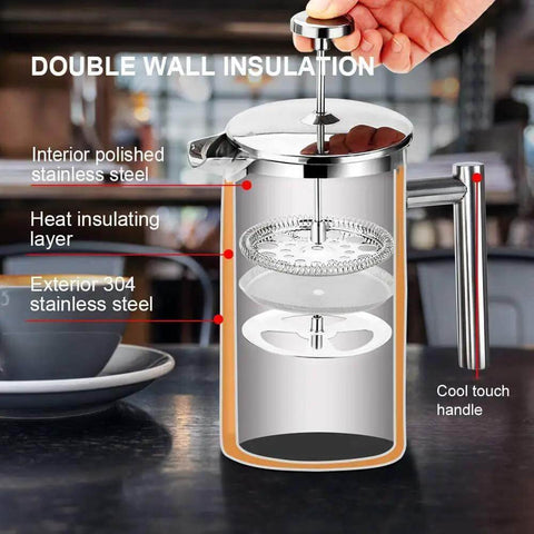 34oz 304 Stainless Steel French Press Coffee Maker with insulated double wall carafe and three layer filter system diagram
