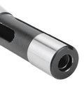 R8 to MT3 adapter close-up: hardened Morse taper socket, alloy steel sleeve for milling machine arbor, internal threads visible