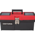 Lockable 16 Inch Tool Box With Portable Tray, Comfort Grip Handle, Front Metal Latch, Red And Black, Keeps Your Gear Safe, Neat And Ready To Go