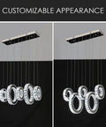 Five Ring Crystal Chandelier Pendant Light With Height Adjustable Stainless Steel Frame Dope K9 Crystals UL Certified Dimmable LED 6000K 4400lm For Dining Room Living Room Bedroom shown in two customizable hanging styles