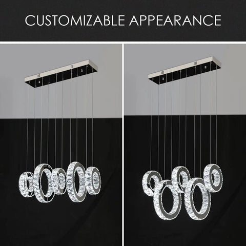 Five Ring Crystal Chandelier Pendant Light With Height Adjustable Stainless Steel Frame Dope K9 Crystals UL Certified Dimmable LED 6000K 4400lm For Dining Room Living Room Bedroom shown in two customizable hanging styles