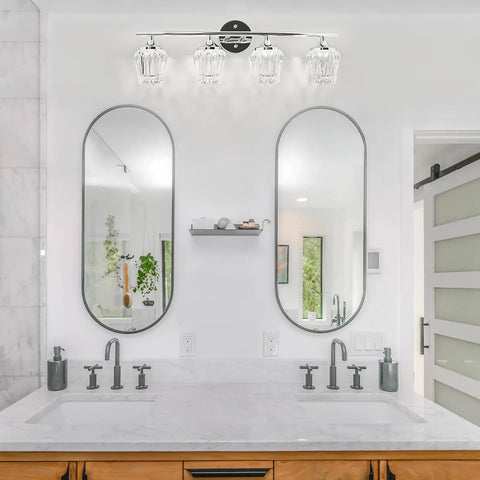 4-Light LED Vanity Light With Crystal Wall Sconces And Acrylic Shade For Bathroom Over Mirror, White Chrome Finish