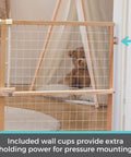Extra Wide Wooden Baby Gate With Wire Mesh Pressure Mounted for doorways, 29.5 to 50 inches wide, 31 inches tall, shown in use