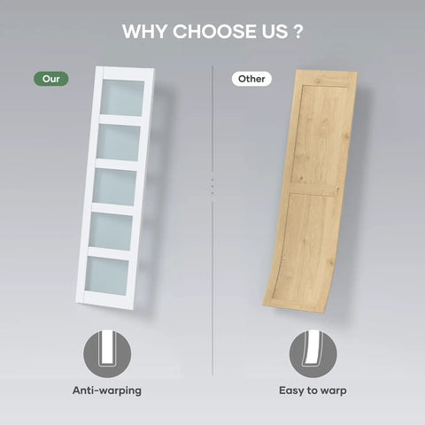 Comparison of Heavy Duty Bifold Barn Door 48X84 Double Frame With Frosted Glass And Full Track Kit vs warped wood door, highlighting anti-warping.