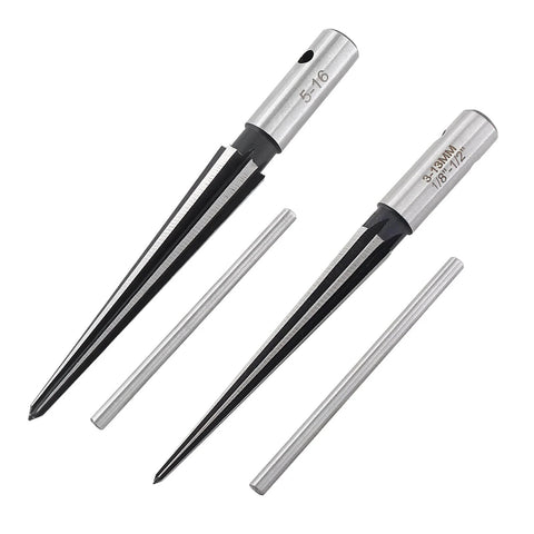 Pro Grade T Handle Tapered Reamer Set for Bridge Pin and End Pin Holes shown with steel construction and fluted design
