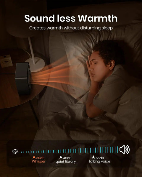 Soundless warmth image showing Mini Space Heater For Home And Office Indoor Use Takes The Chill Off Fast PTC Ceramic 500W near sleeping person