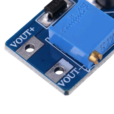 DC To DC Boost Converter Adjustable Power Supply Module 2A Two Pack For Electronics And Digital Gadgets High Efficiency Over 93 Percent Compact Dope Gear 36 X 17mm PCB Board, blue PCB close-up