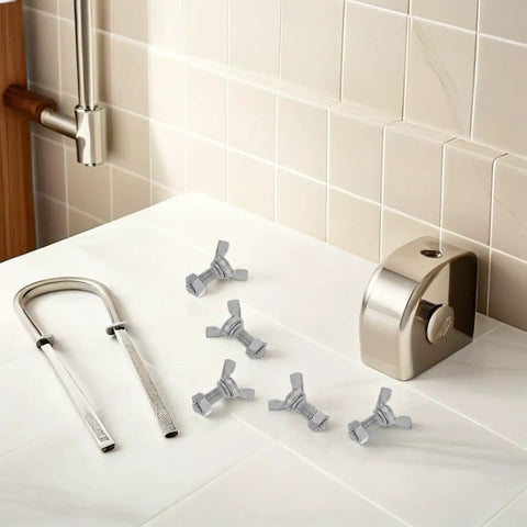 Six Set Stainless Steel M8 Wing Bolts With Hex Nuts For Easy DIY Install On Display Racks, Machine Panels And Furniture, Durable Butterfly Screws For One Hand Tightening And Strong Secure Clamps. Five M8 stainless steel wing bolts with hex nuts on white tile.