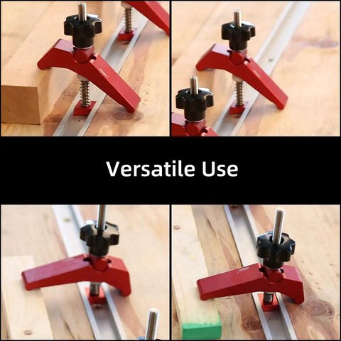 Heavy Duty T Slot Hold Down Clamp Set For Precision Woodworking Benches with quick twist knobs and smooth slide bases.