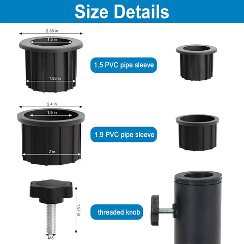 Umbrella Base Replacement Parts Kit With Ring Plugs And Two M8 Threaded Knobs Easy Swap For Outer 1.9 Inch Ring And Inner 1.5 Inch Ring Fits A Bunch Of Pole Sizes On Patio Umbrellas Heavy Duty And Durable - size details image.