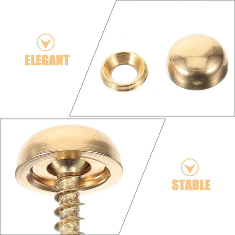 Close-up of 16 Pieces Brass Capped Fixing Screws With Curved Decorative Head Caps For Mirrors And Furniture Golden Color