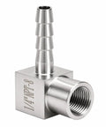 Heavy Duty Three Zero Four Stainless Steel Ninety Degree Elbow Joins Five Sixteenth Hose Barb To Quarter Female Npt Threading close-up view
