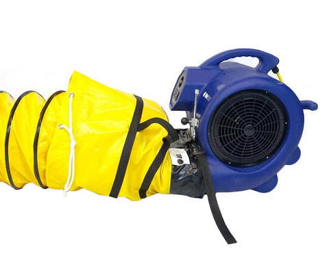 Heavy Duty Air Mover And Carpet Dryer With Three Quarter HP Motor Delivers 2800 CFM And Durable Housing shown with yellow vent hose.