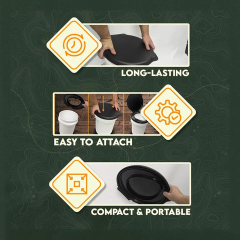 Top Rated Black Plastic Toilet Seat Lid Snaps Straight Onto Any Standard Five Gallon Bucket Built For Weekend Warriors showing easy to attach features.