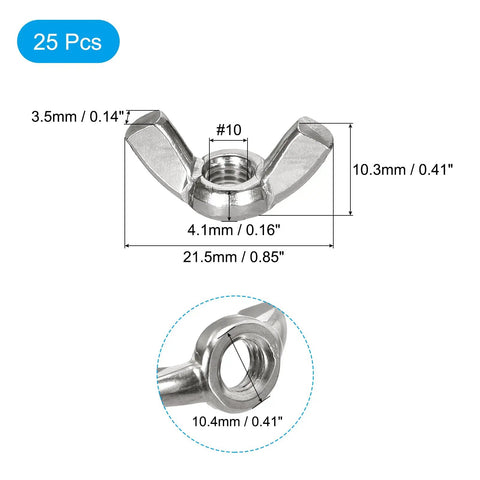 Butterfly Wing Nuts Set For Quick Hand Tightening With 10-24 Thread 304 Stainless Steel 25 Pieces Durable Silver Fasteners