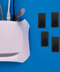 Rock Solid Under Desk Laptop Mount With Heavy Duty Black Bracket For Secure Storage And No Fuss Setup To Keep Your Workspace Neat And Super Functional All Week with router and black brackets against blue background.