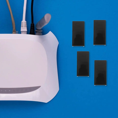 Rock Solid Under Desk Laptop Mount With Heavy Duty Black Bracket For Secure Storage And No Fuss Setup To Keep Your Workspace Neat And Super Functional All Week with router and black brackets against blue background.