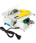 All In One 750W Mini Table Saw And Polisher For Jewelry Making with yellow guard, drill chuck, and power cord.