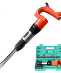 Demolition Air Hammer For Concrete And Rock Breaking With 10J Per Minute Impact Energy And 32Hz Rate, shown with flat chisel and case