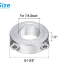 Double Split Shaft Collar Clamp For Seven Eighths Inch Shaft, Two Piece Clamping Collar, One And Five Eighths Inch Outer Diameter, Half Inch Thick, Aluminum Alloy Set Screw Collar shown with size dimensions.