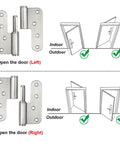 Diagram of Stainless Steel Door Hinges 6 Pack 3.5 Inch H Shape Lift Off, showing left and right hand indoor and outdoor installation.
