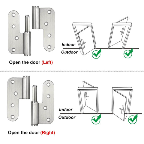 Diagram of Stainless Steel Door Hinges 6 Pack 3.5 Inch H Shape Lift Off, showing left and right hand indoor and outdoor installation.