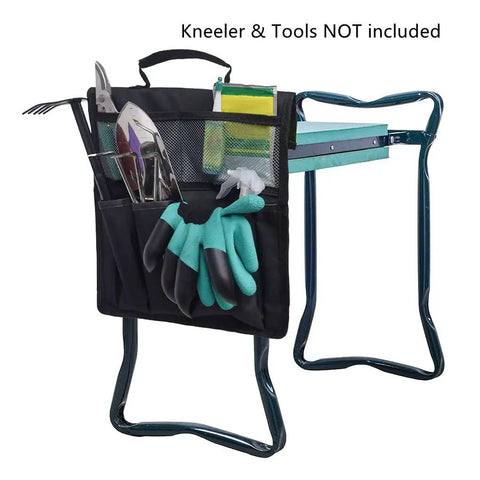 Black Folding Garden Kneeling Seat And Tool Bag Set with Durable Oxford Cloth Pouch showcasing its organizing pockets.