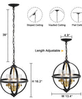 Rustic Farmhouse Chandelier 14-Inch Globe Pendant Light in Vintage Black and Gold, adjustable 39-inch chain, dimensions shown