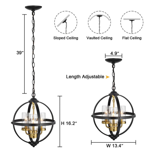 Rustic Farmhouse Chandelier 14-Inch Globe Pendant Light in Vintage Black and Gold, adjustable 39-inch chain, dimensions shown